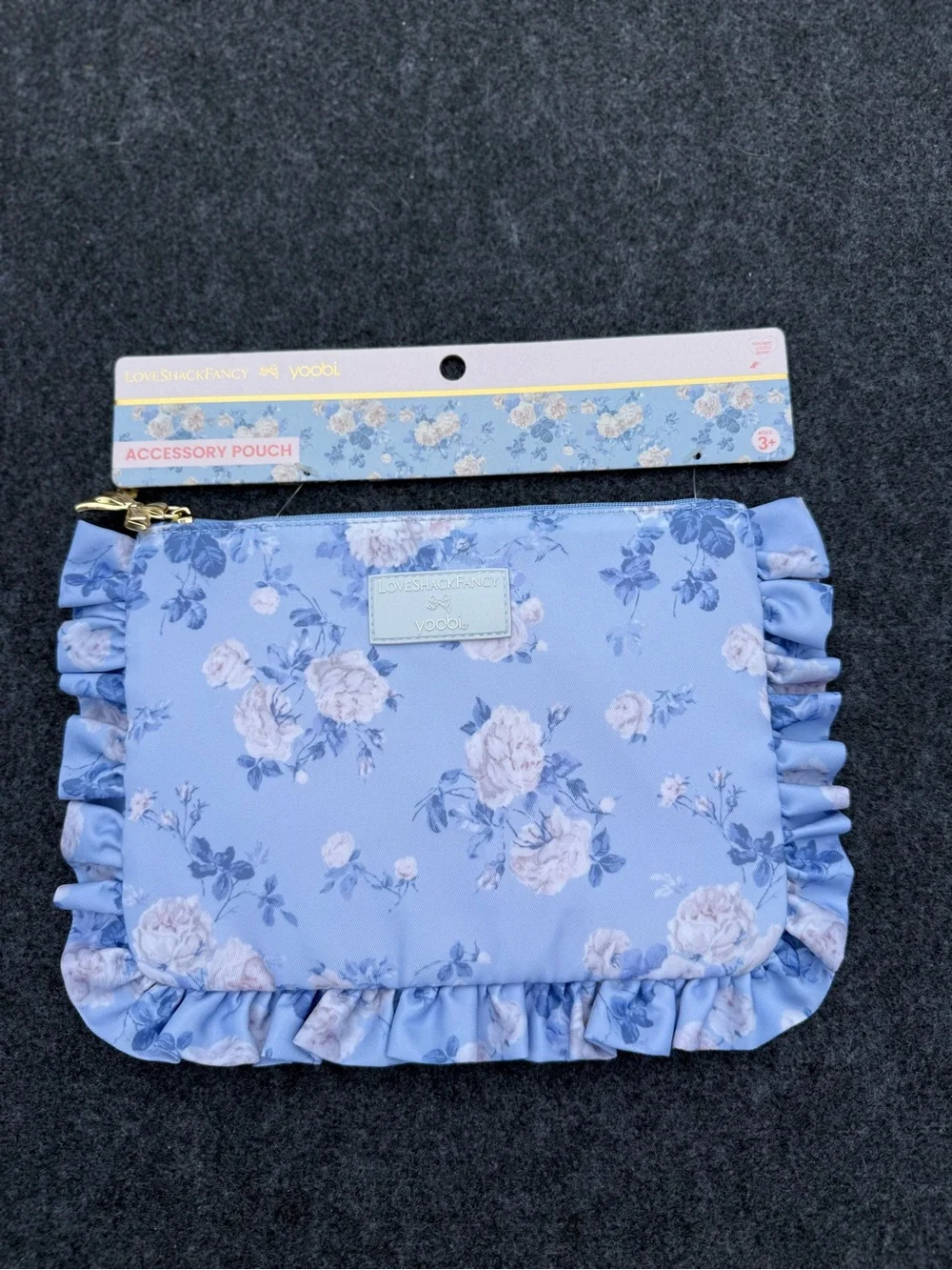 Loveshackfancy Accessory Pouch with ruffles everblooming rosettes whisper blue